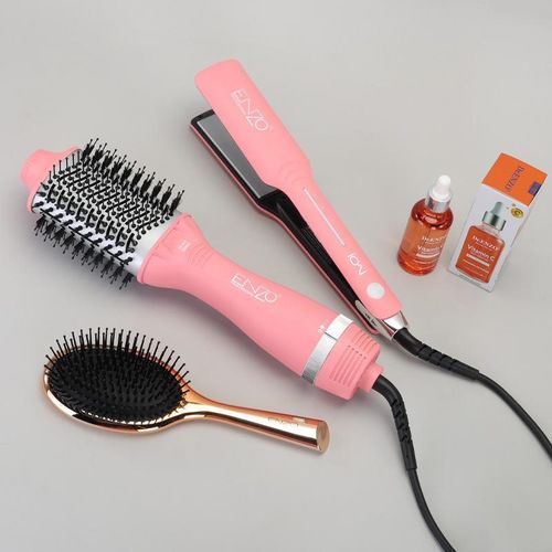 3 en 1 Styler Cheveux Bigoudi Lisseur Fers À Friser Brosse À Air Chaud Peigne Sèche-Cheveux rose